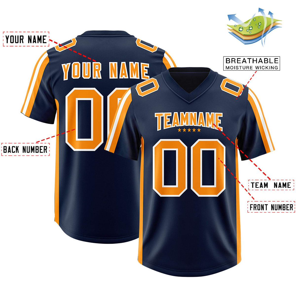 Custom Navy Orange and White Side Stripe Pattern Authentic American Football Jersey