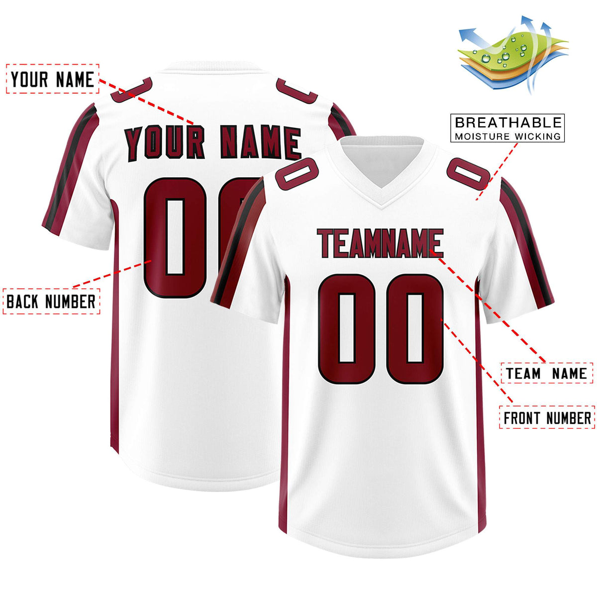 Custom White Cardinal and Black Side Stripe Pattern Authentic American Football Jersey