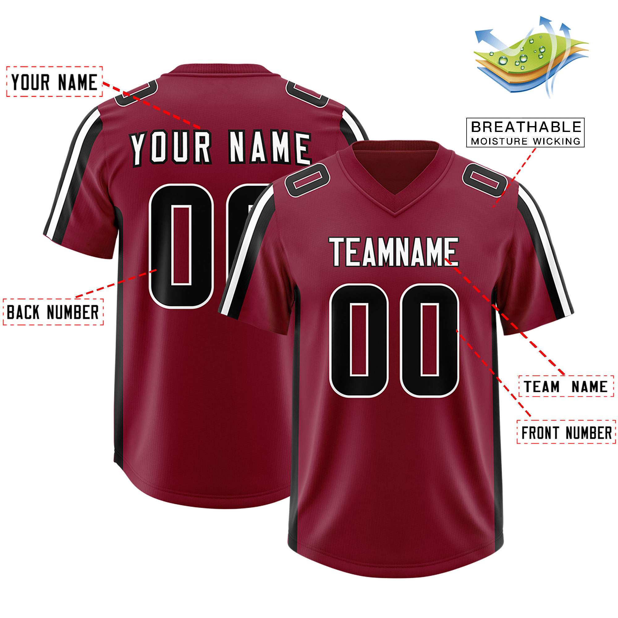 Custom Cardinal Black and White Side Stripe Pattern Authentic American Football Jersey