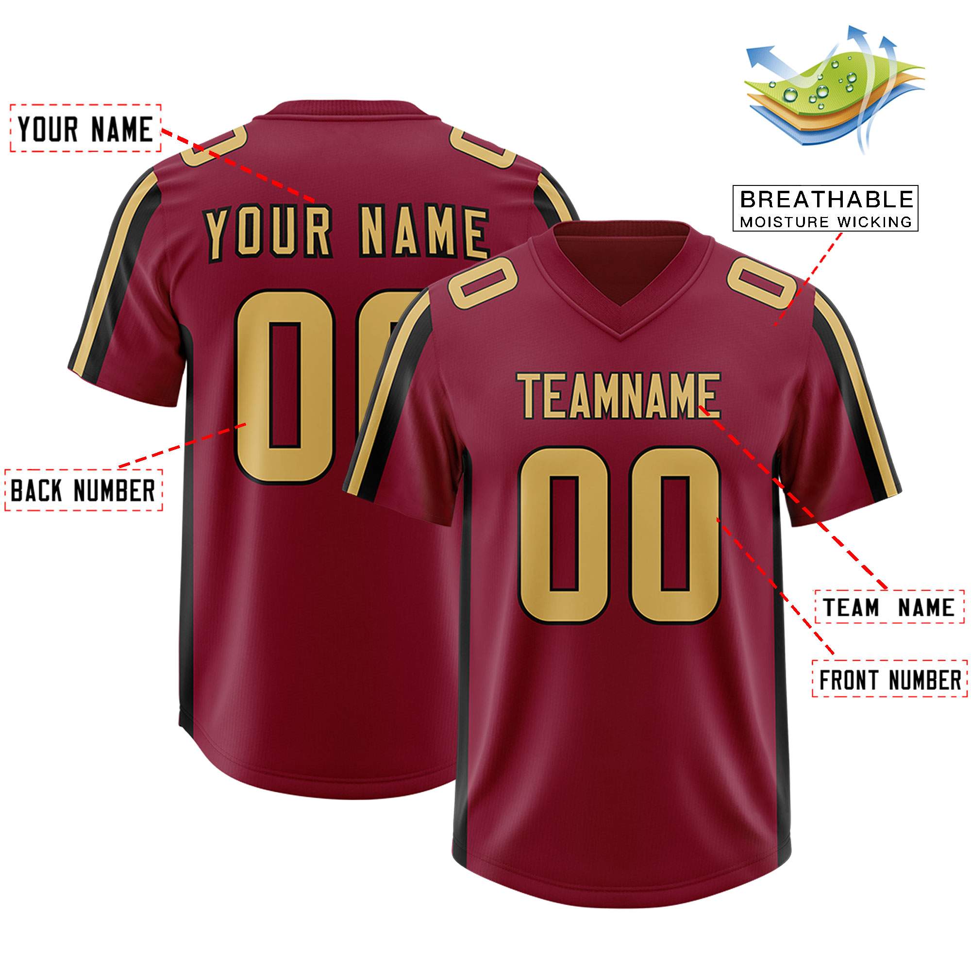Custom Cardinal Black and White Side Stripe Pattern Authentic American Football Jersey