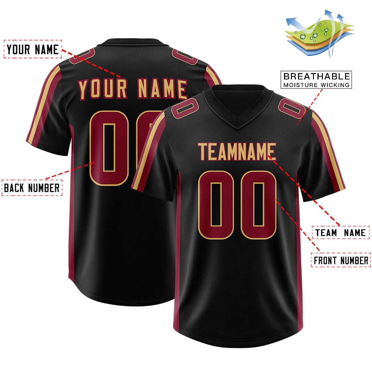 Custom Black Cardinal and Old Gold Side Stripe Pattern Authentic American Football Jersey