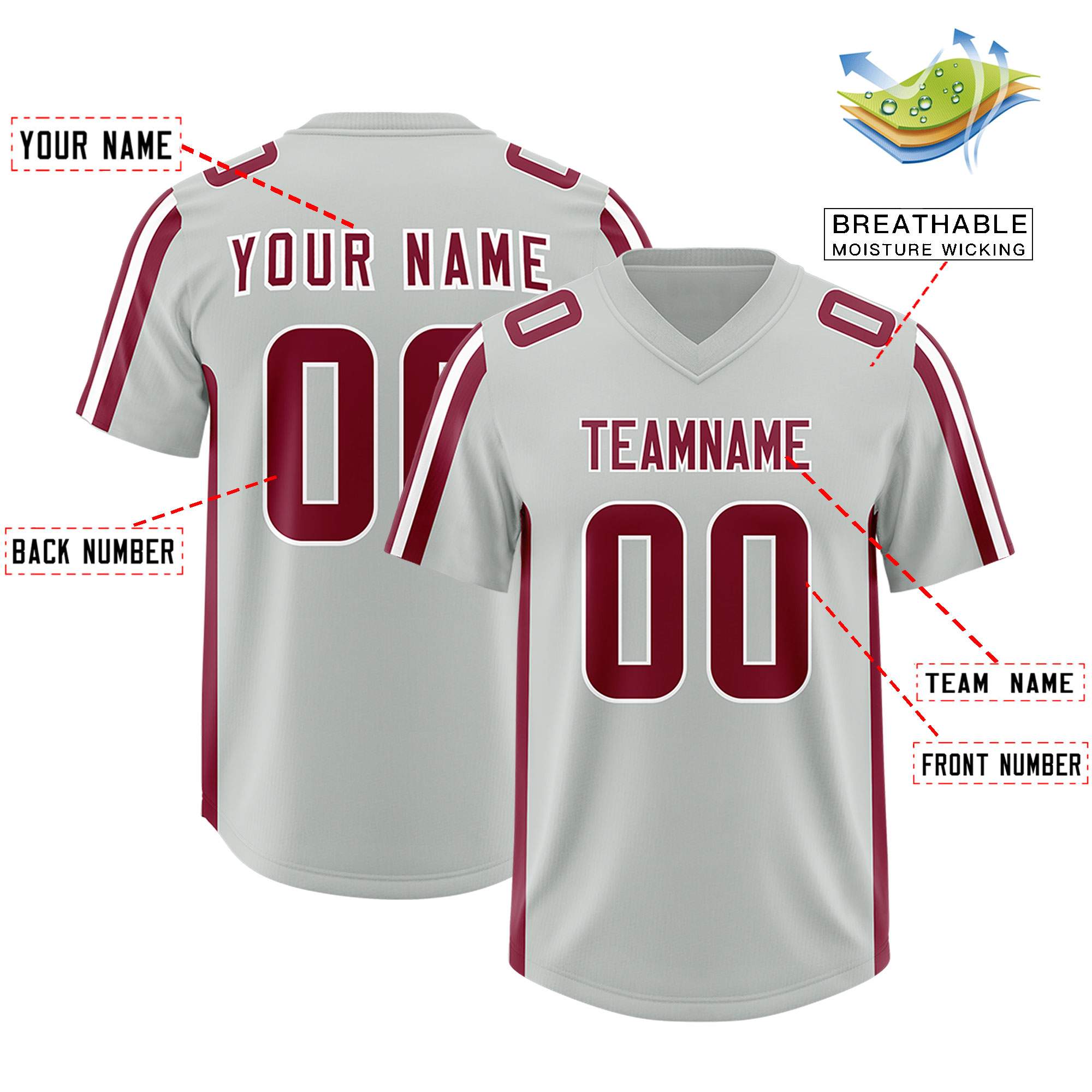 Custom Gray Crimson and White Side Stripe Pattern Authentic American Football Jersey