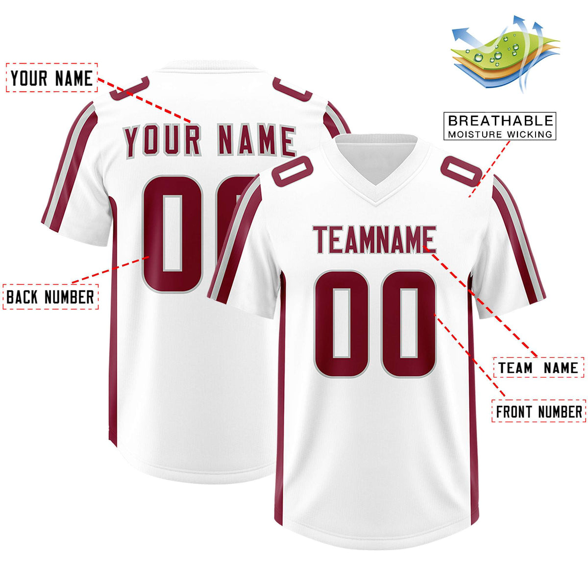 Custom White Crimson and Gray Side Stripe Pattern Authentic American Football Jersey