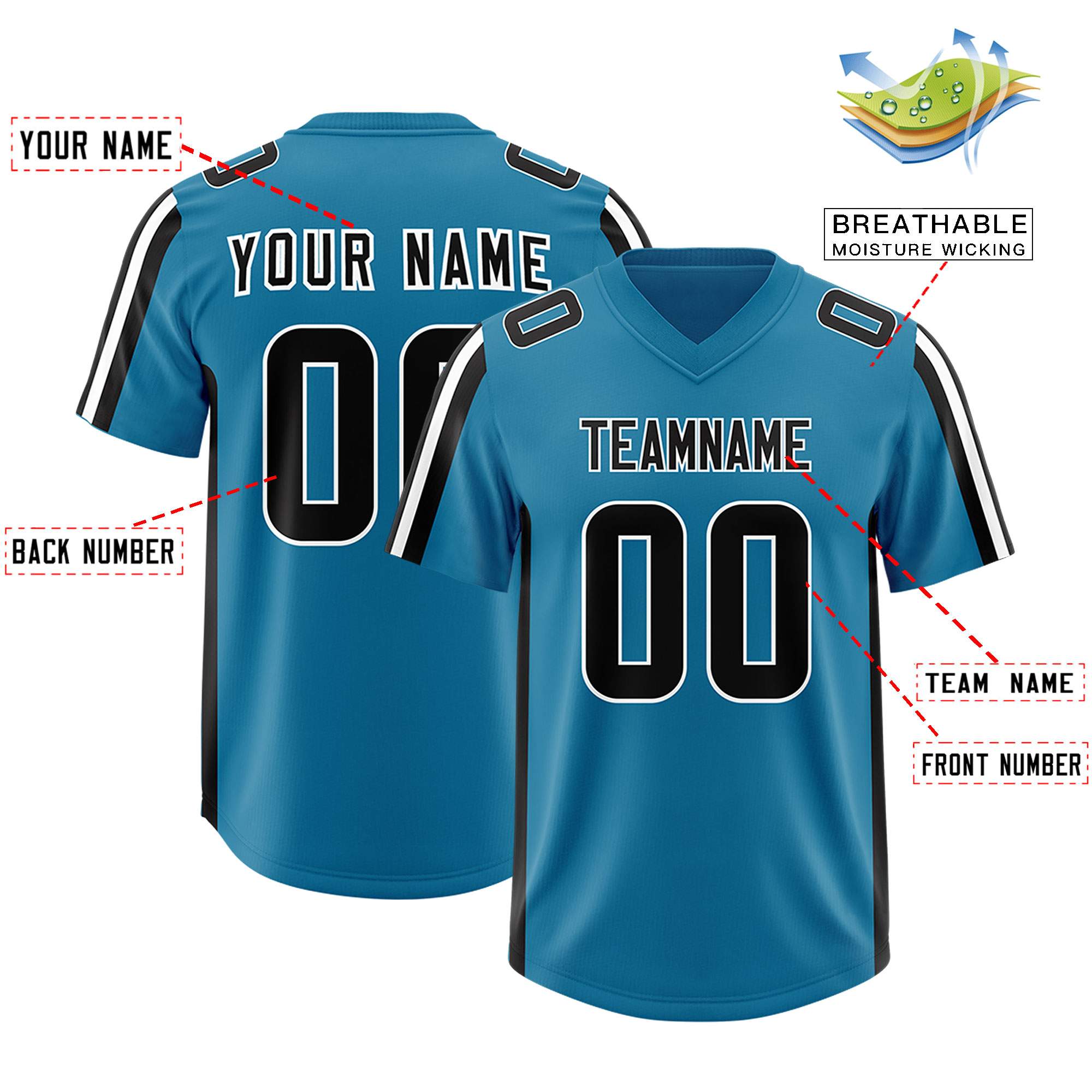 Custom Panther Blue Black and White Side Stripe Pattern Authentic American Football Jersey