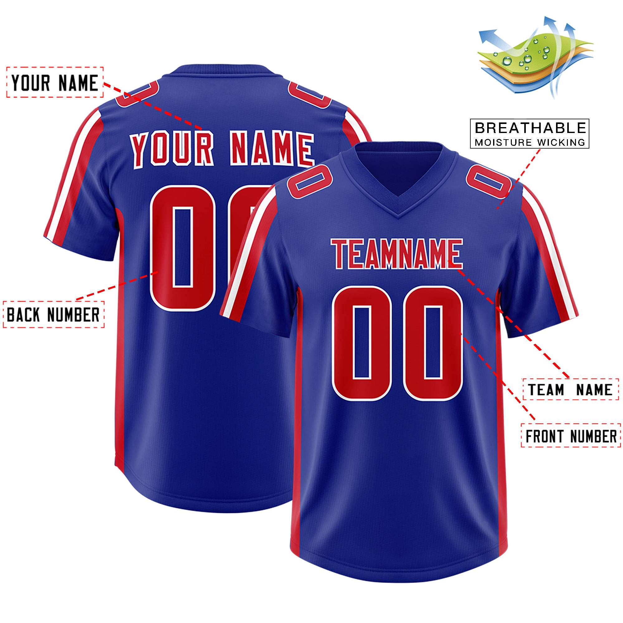 Custom Royal Red and White Side Stripe Pattern Authentic American Football Jersey