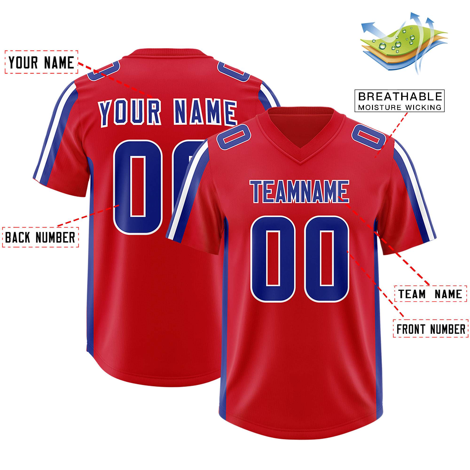 Custom Red Royal and White Side Stripe Pattern Authentic American Football Jersey