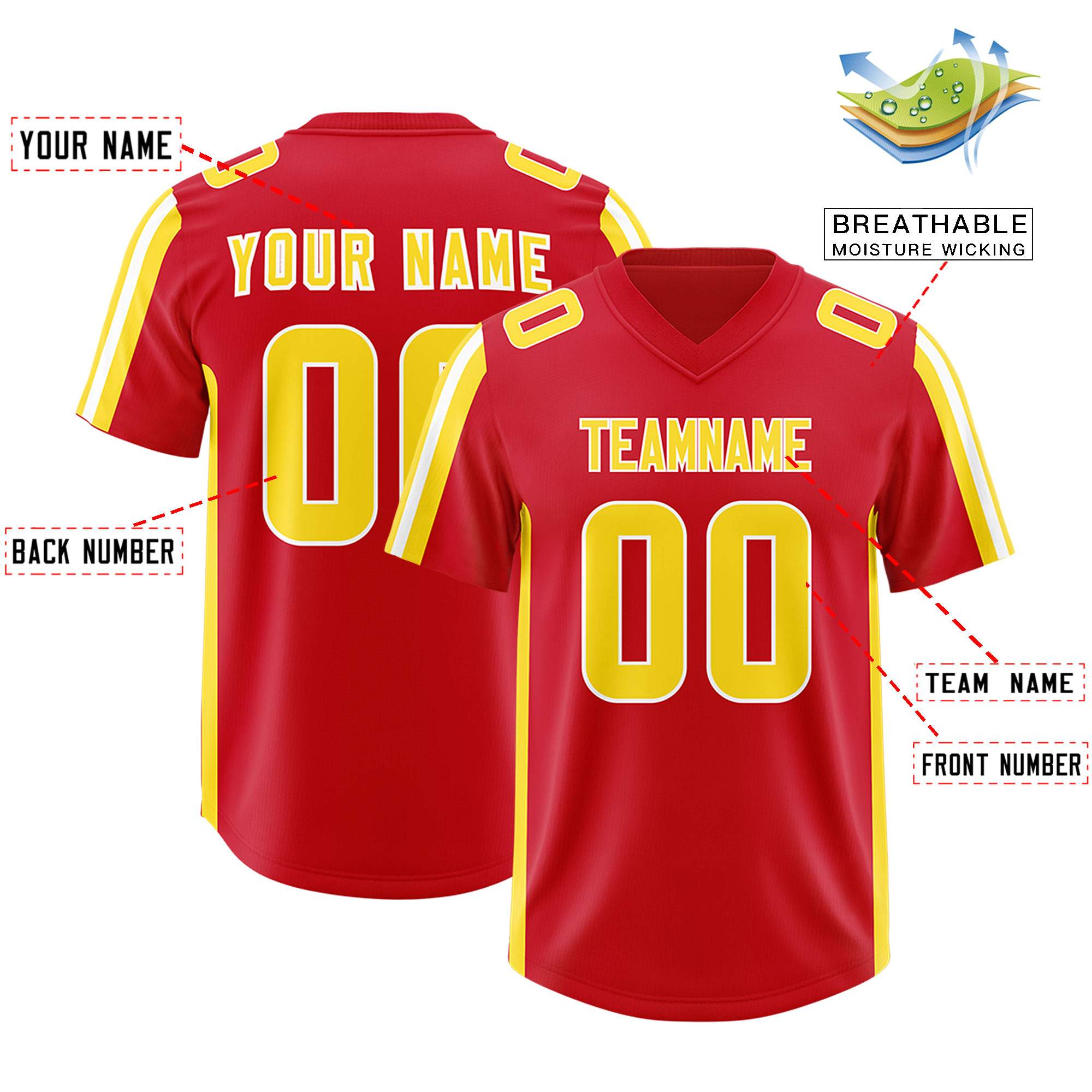 Custom Red Gold and White Side Stripe Pattern Authentic American Football Jersey