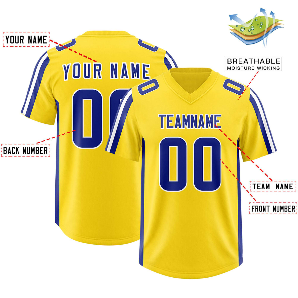 Custom Gold Royal and White Side Stripe Pattern Authentic American Football Jersey