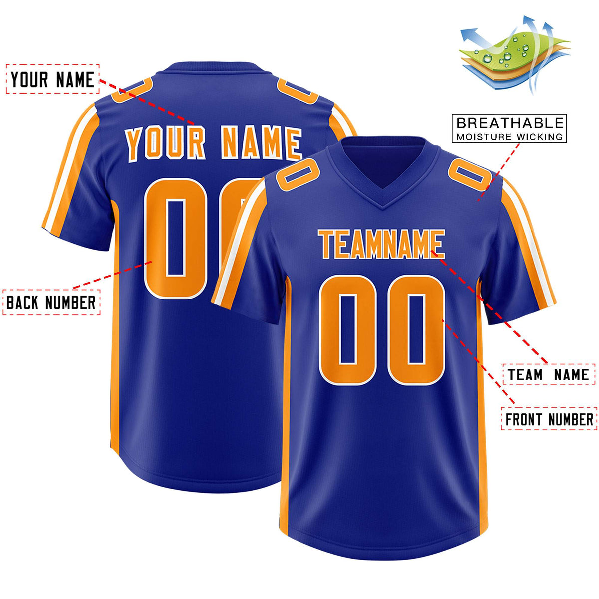 Custom Royal Gold Orange and White Side Stripe Pattern Authentic American Football Jersey
