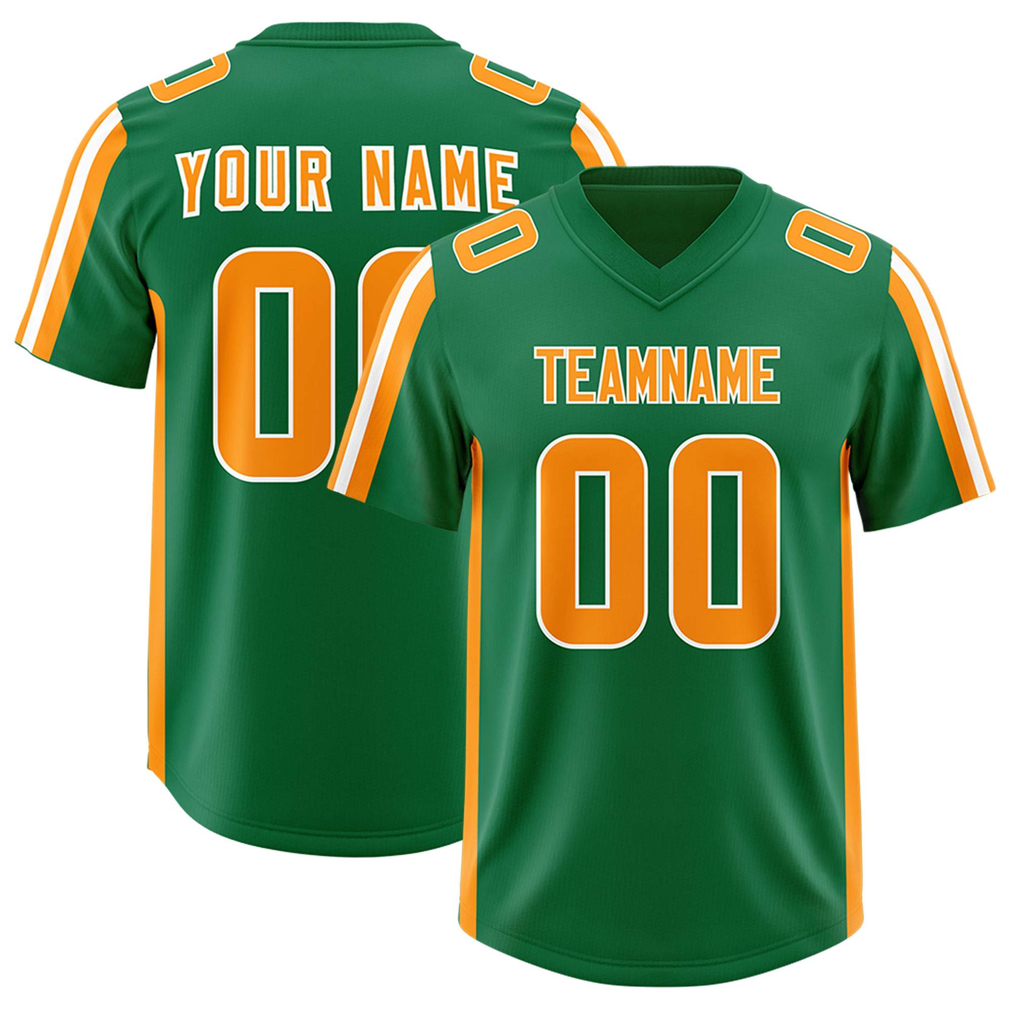 Custom Kelly Green Gold Orange and White Side Stripe Pattern Authentic American Football Jersey