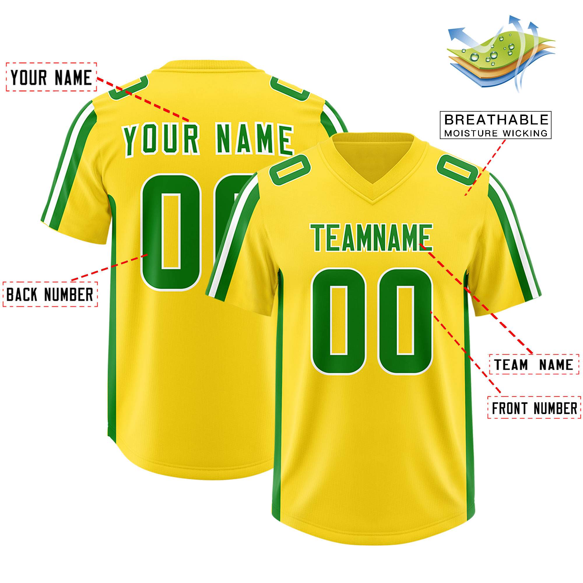 Custom Gold Kelly Green and White Side Stripe Pattern Authentic American Football Jersey