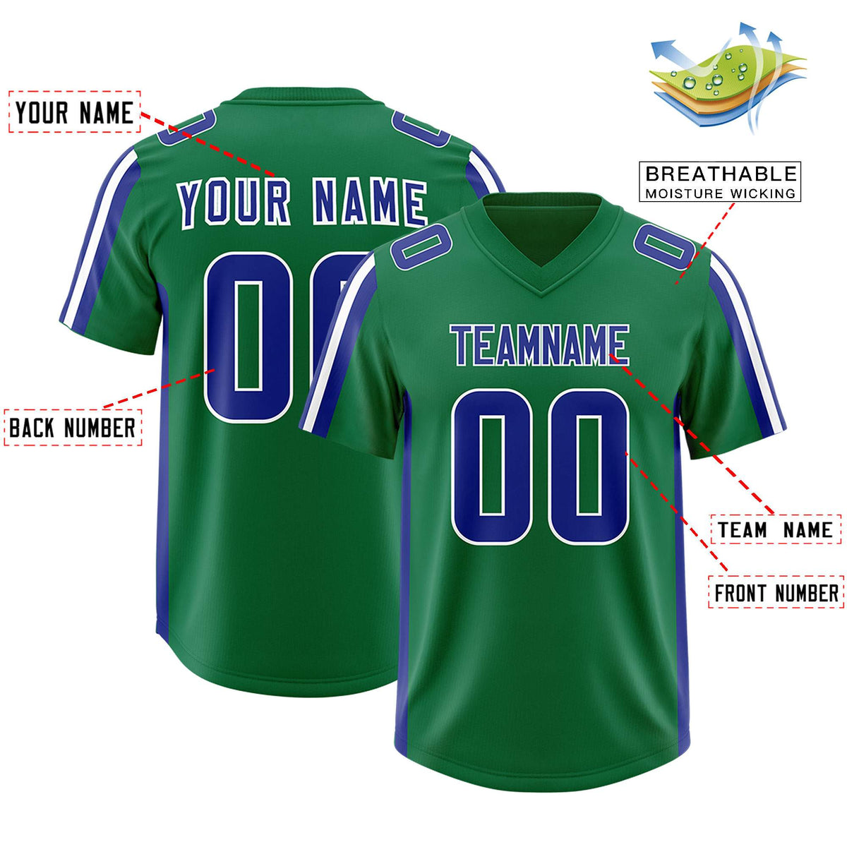 Custom Kelly Green Royal and White Side Stripe Pattern Authentic American Football Jersey