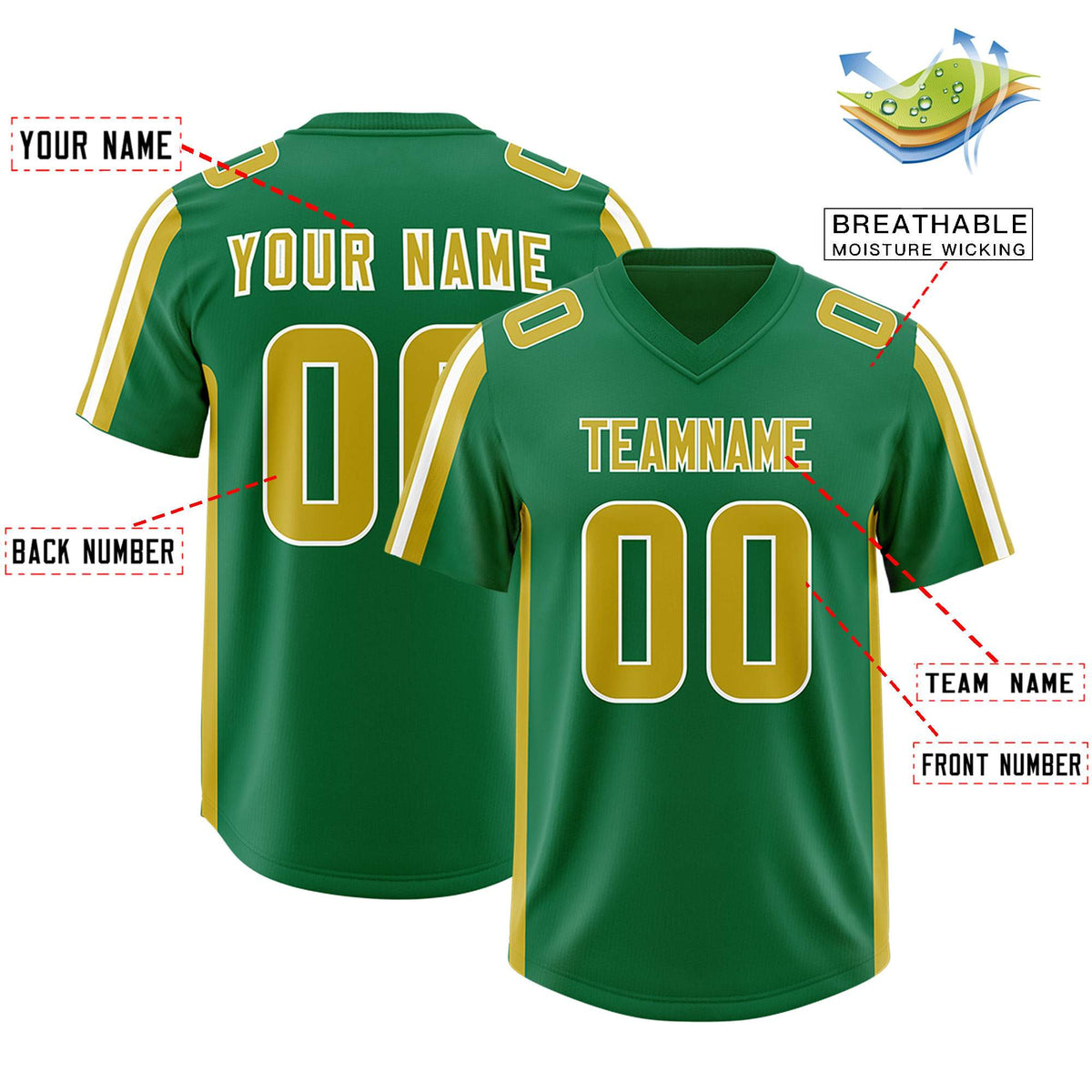 Custom Kelly Green Old Gold and White Side Stripe Pattern Authentic American Football Jersey