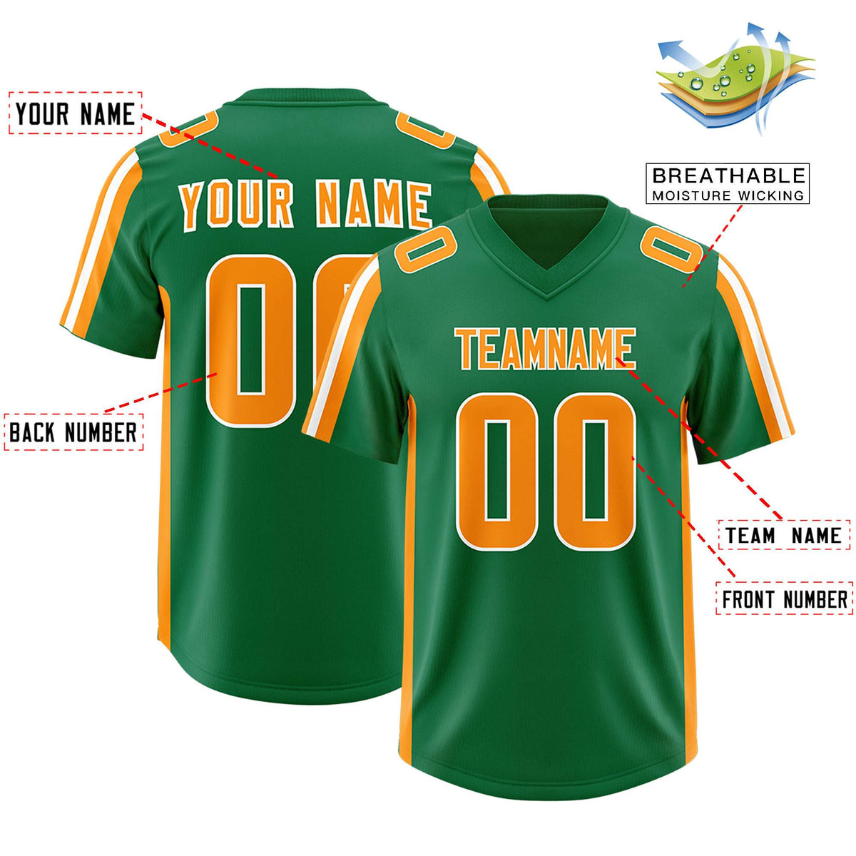 Custom Kelly Green Gold Orange and White Side Stripe Pattern Authentic American Football Jersey