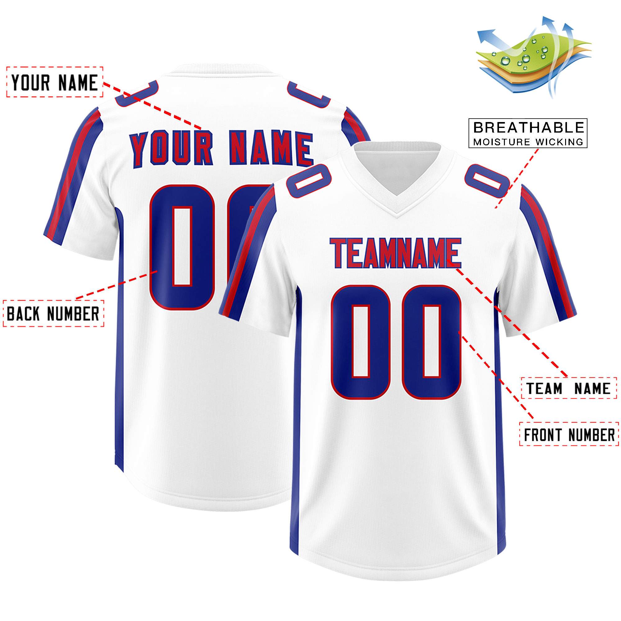 Custom White Royal and Red Side Stripe Pattern Authentic American Football Jersey