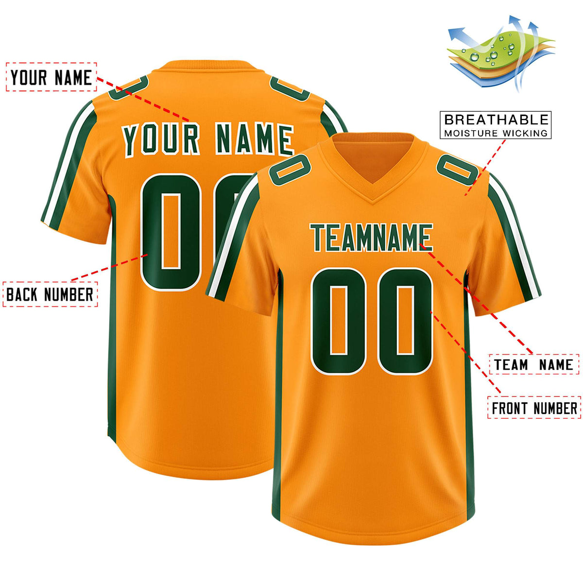 Custom Orange Green and White Side Stripe Pattern Authentic American Football Jersey