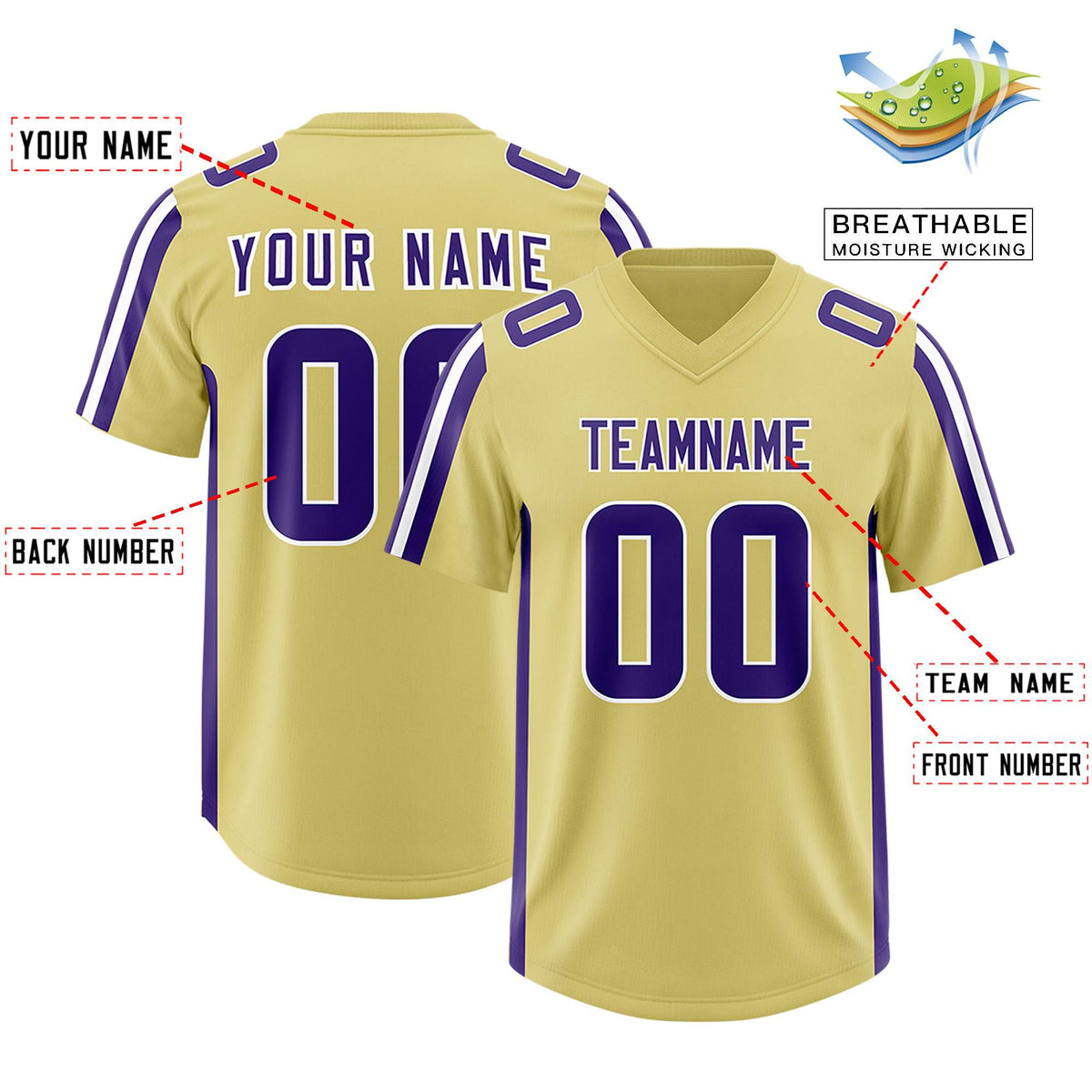 Custom Old Gold Purple and White Side Stripe Pattern Authentic American Football Jersey
