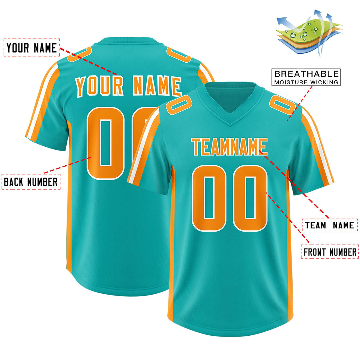 Custom Aqua Orange and White Side Stripe Pattern Authentic American Football Jersey