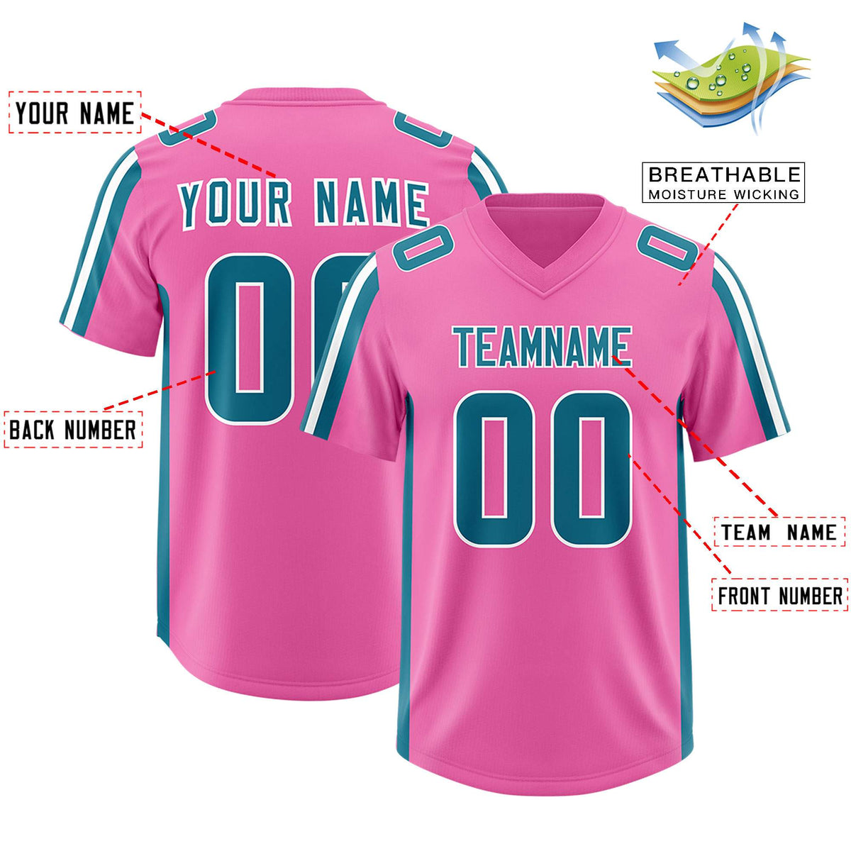 Custom Pink Aqua and White Side Stripe Pattern Authentic American Football Jersey