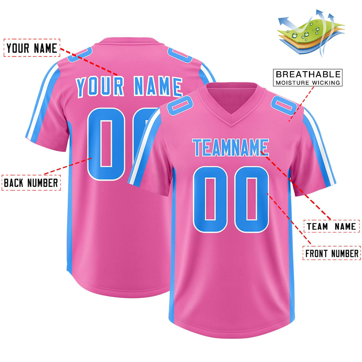 Custom Pink Light Blue and White Side Stripe Pattern Authentic American Football Jersey