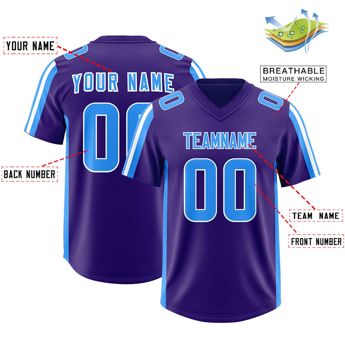 Custom Purple Light Blue and White Side Stripe Pattern Authentic American Football Jersey