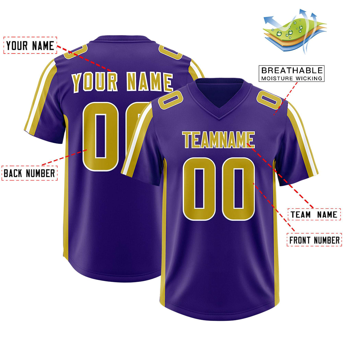 Custom Purple Old Gold and White Side Stripe Pattern Authentic American Football Jersey