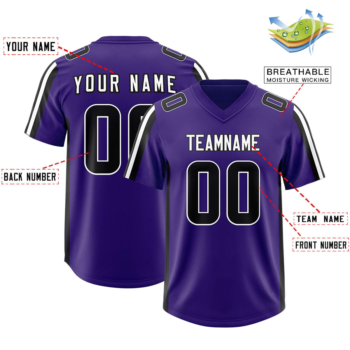 Custom Purple Black and White Side Stripe Pattern Authentic American Football Jersey