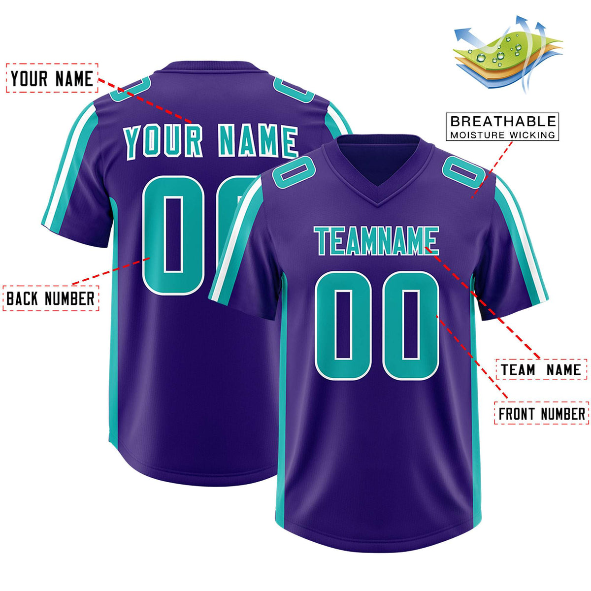 Custom Purple Aqua and White Side Stripe Pattern Authentic American Football Jersey