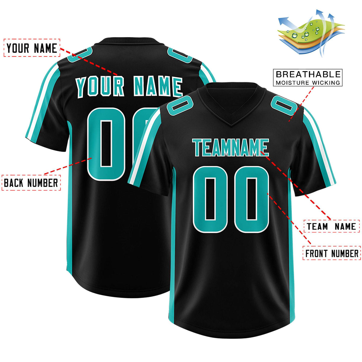 Custom Black Aqua and White Side Stripe Pattern Authentic American Football Jersey