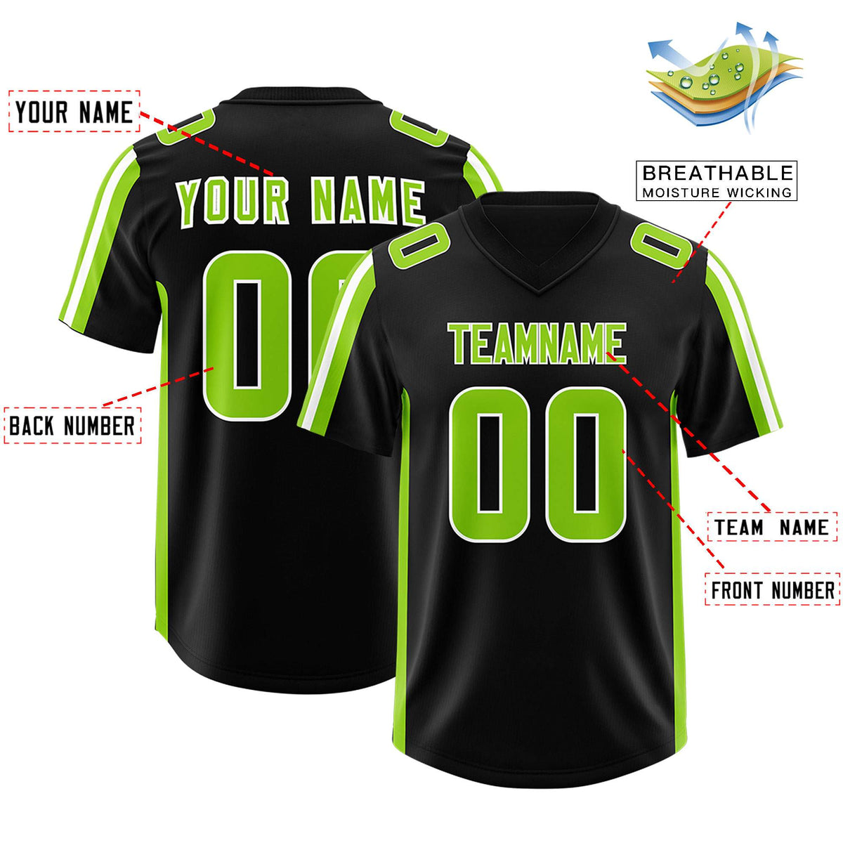 Custom Black Neon Green and White Side Stripe Pattern Authentic American Football Jersey