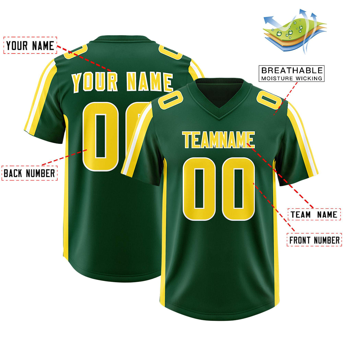 Custom Green Gold and White Side Stripe Pattern Authentic American Football Jersey