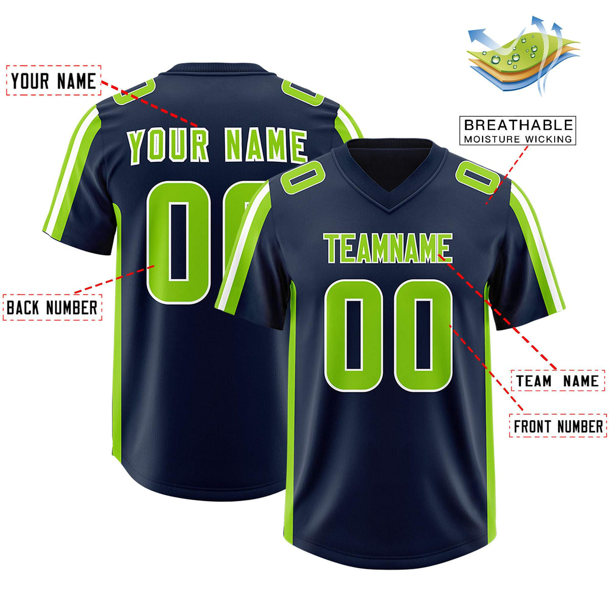 Custom Navy Neon Green and White Side Stripe Pattern Authentic American Football Jersey