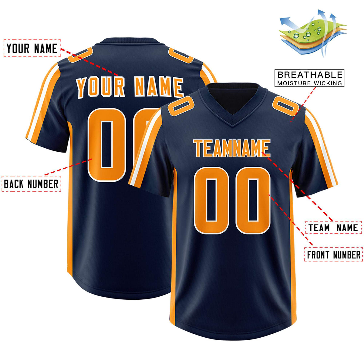 Custom Navy Orange and White Side Stripe Pattern Authentic American Football Jersey
