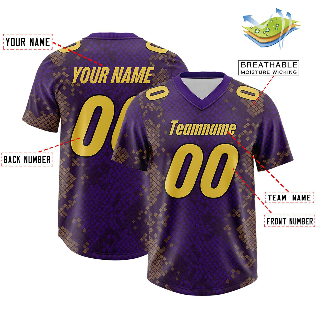 Custom Purple Personalized Snakeskin Graffiti Pattern Authentic American Football Jersey