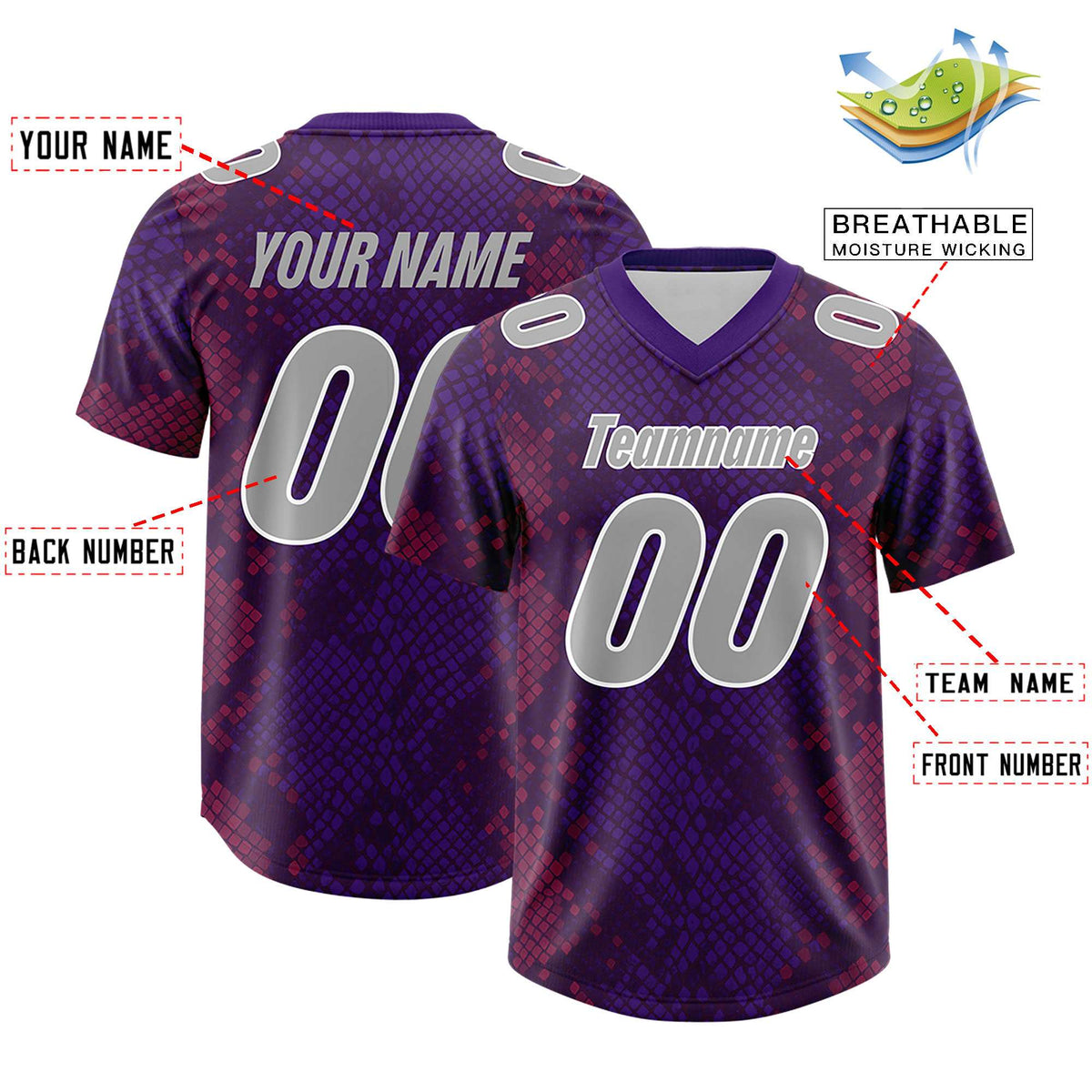 Custom Purple Personalized Snakeskin Graffiti Pattern Authentic American Football Jersey