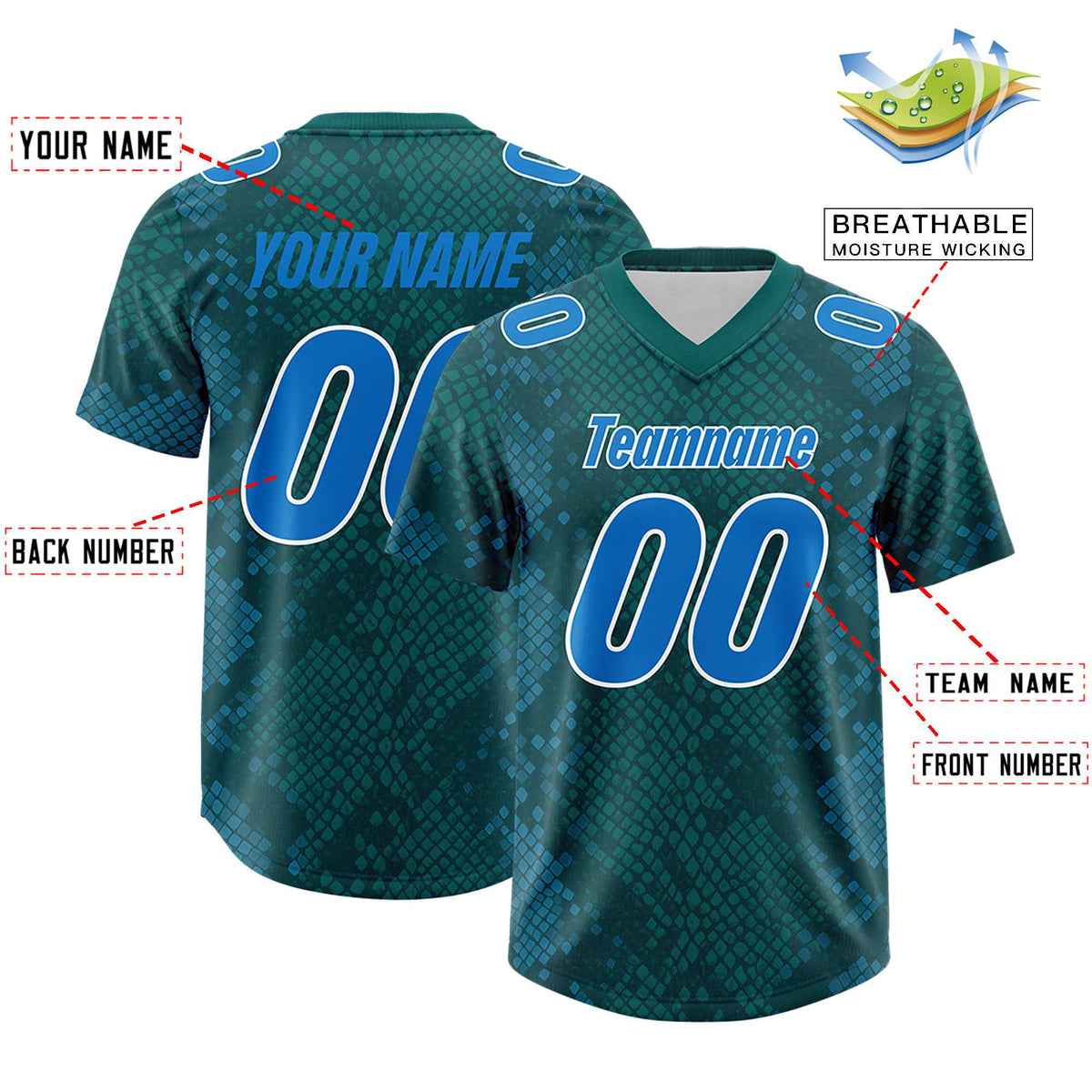 Custom Aqua Personalized Snakeskin Graffiti Pattern Authentic American Football Jersey