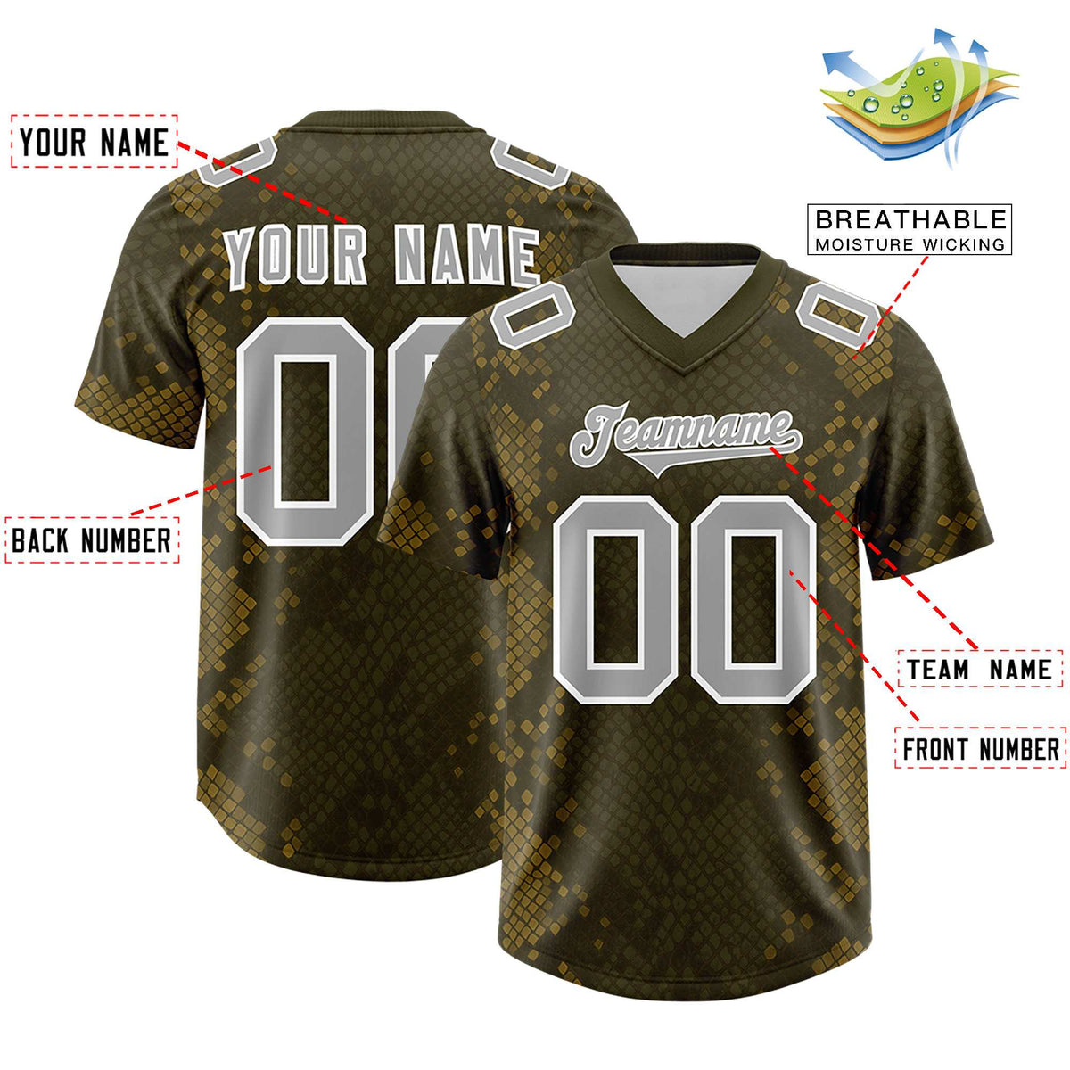 Custom Olive Personalized Snakeskin Graffiti Pattern Authentic American Football Jersey