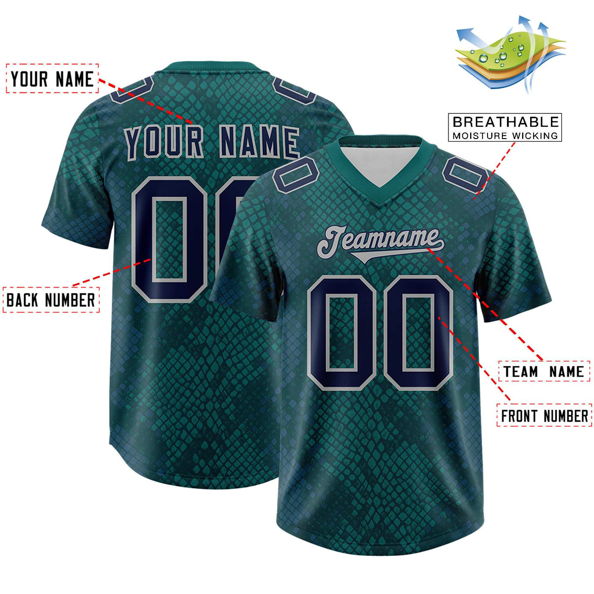 Custom Aqua Personalized Snakeskin Graffiti Pattern Authentic American Football Jersey
