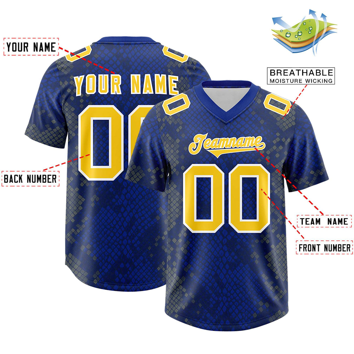 Custom Royal Personalized Snakeskin Graffiti Pattern Authentic American Football Jersey
