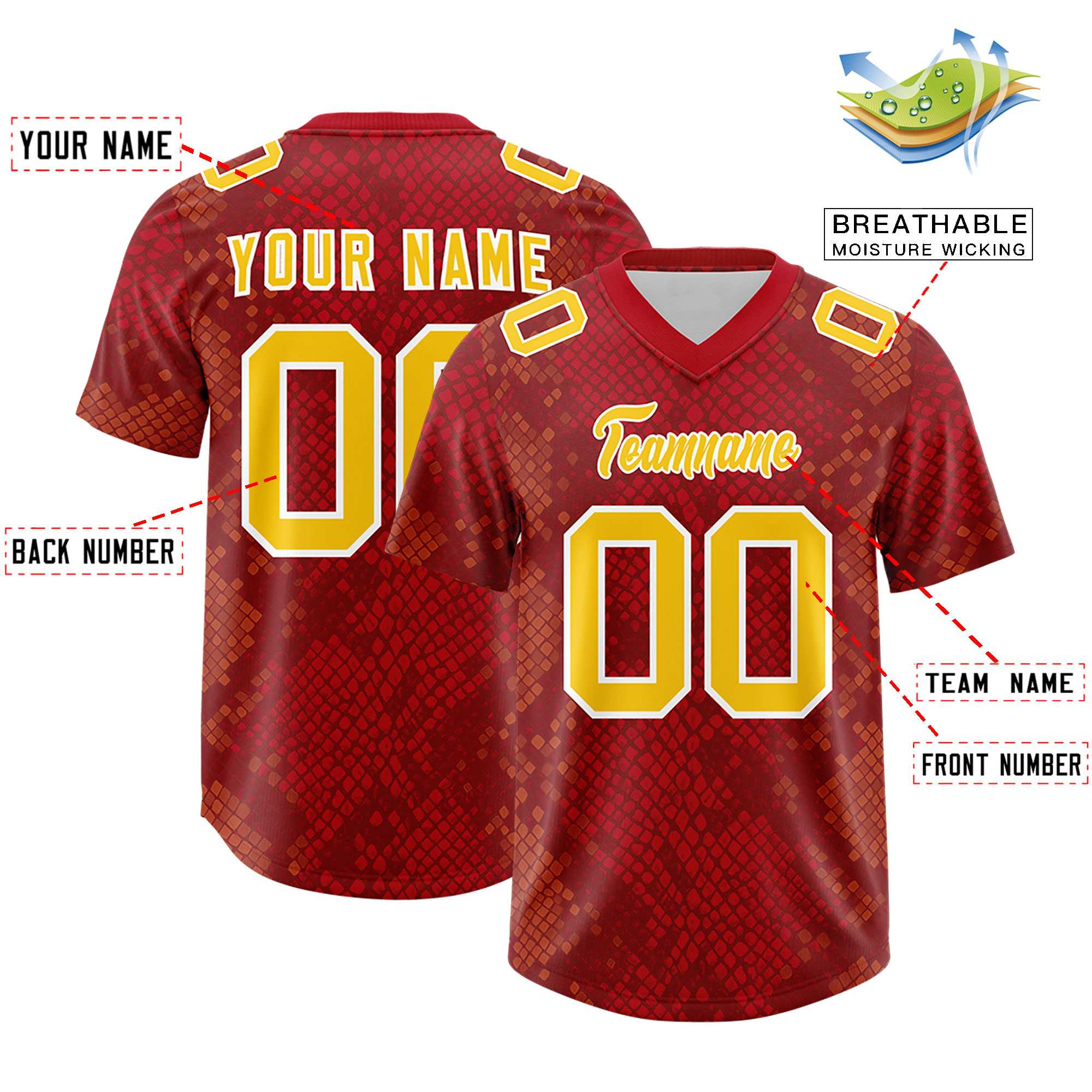 Custom Red Personalized Snakeskin Graffiti Pattern Authentic American Football Jersey