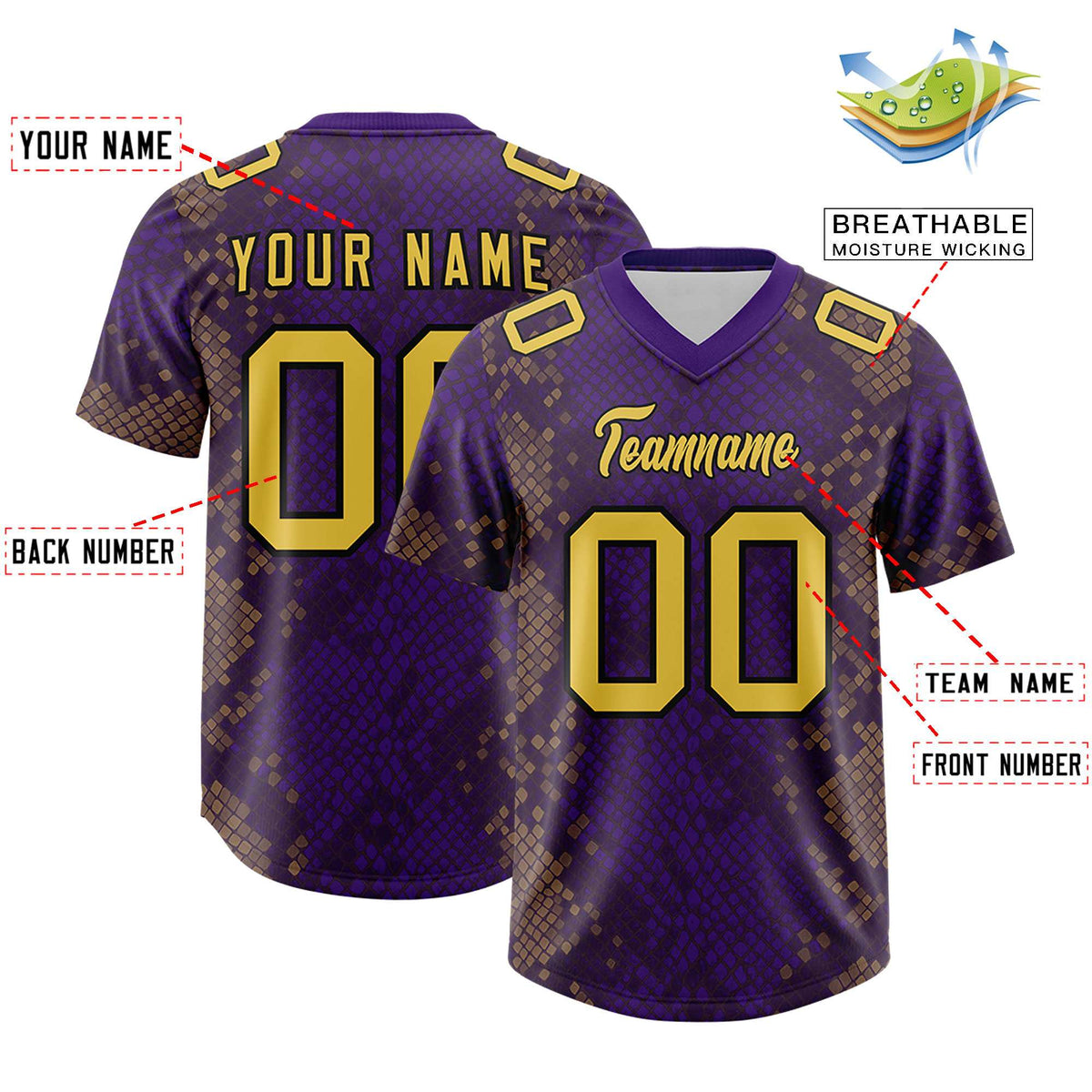 Custom Purple Personalized Snakeskin Graffiti Pattern Authentic American Football Jersey