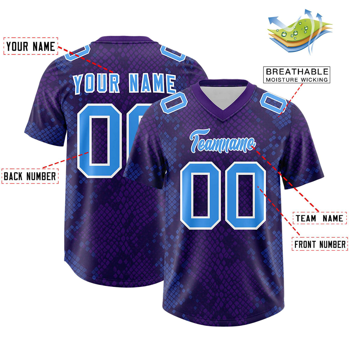 Custom Purple Personalized Snakeskin Graffiti Pattern Authentic American Football Jersey
