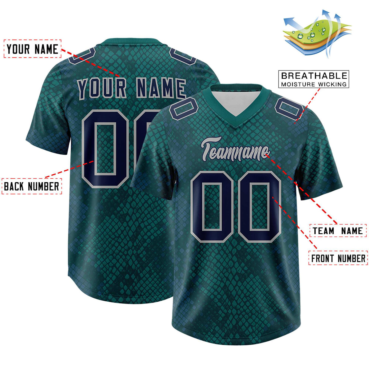 Custom Aqua Personalized Snakeskin Graffiti Pattern Authentic American Football Jersey
