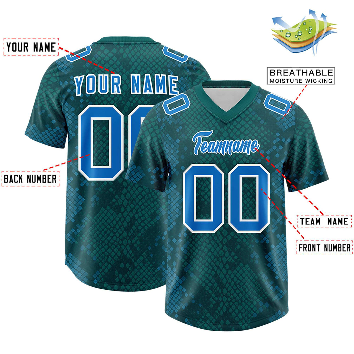 Custom Aqua Personalized Snakeskin Graffiti Pattern Authentic American Football Jersey