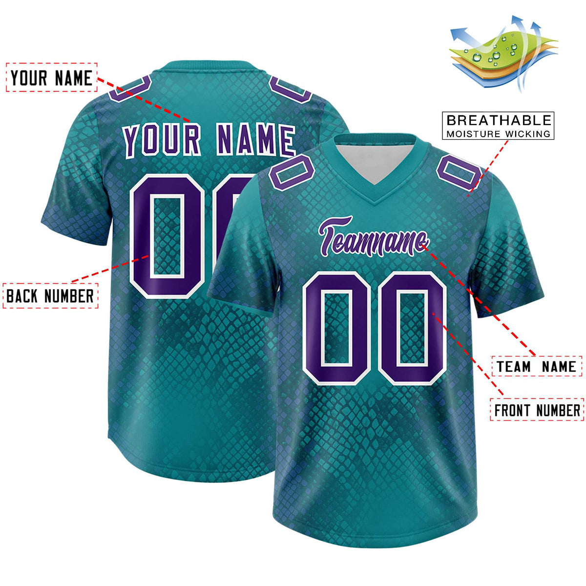 Custom Aqua Personalized Snakeskin Graffiti Pattern Authentic American Football Jersey