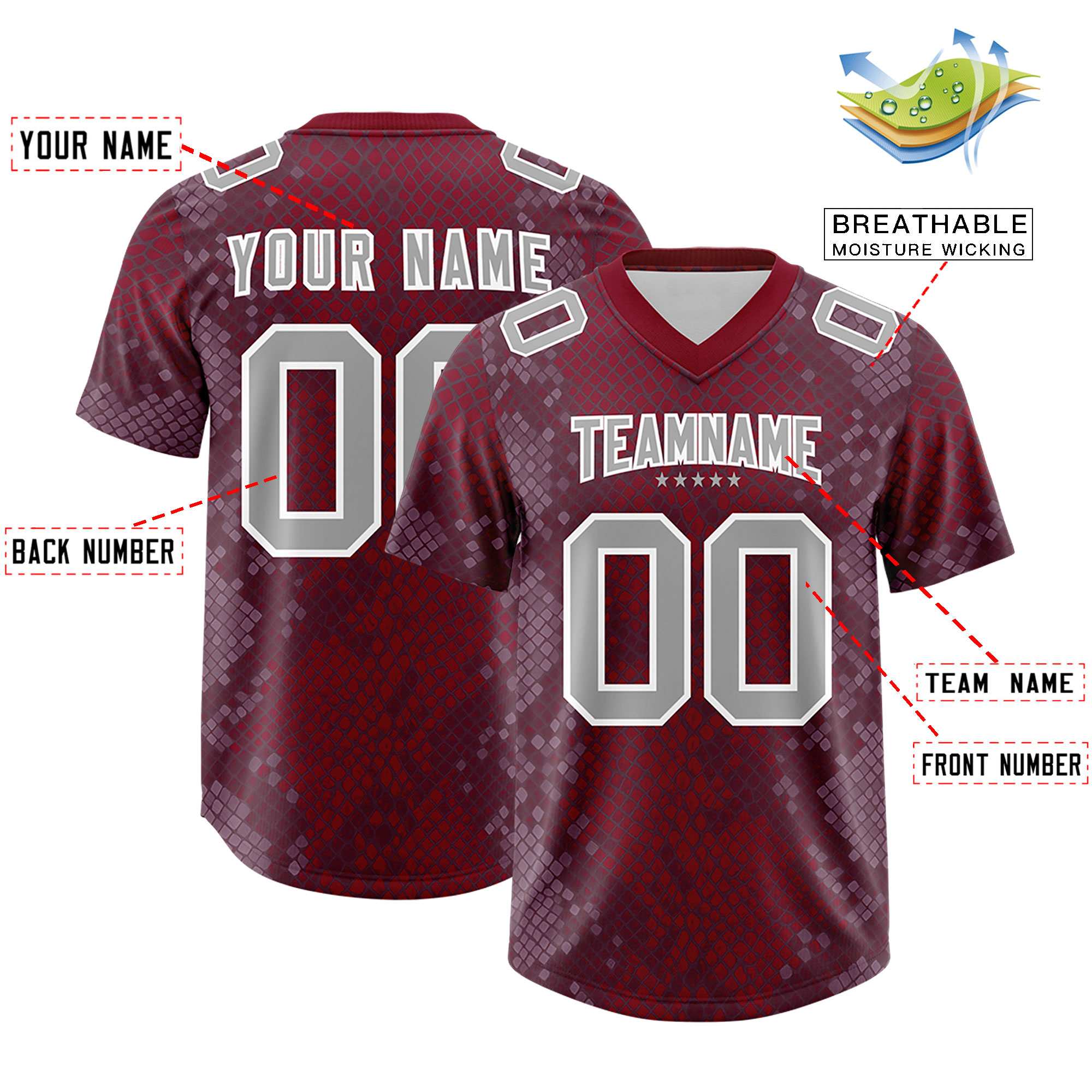 Custom Crimson Personalized Snakeskin Graffiti Pattern Authentic American Football Jersey