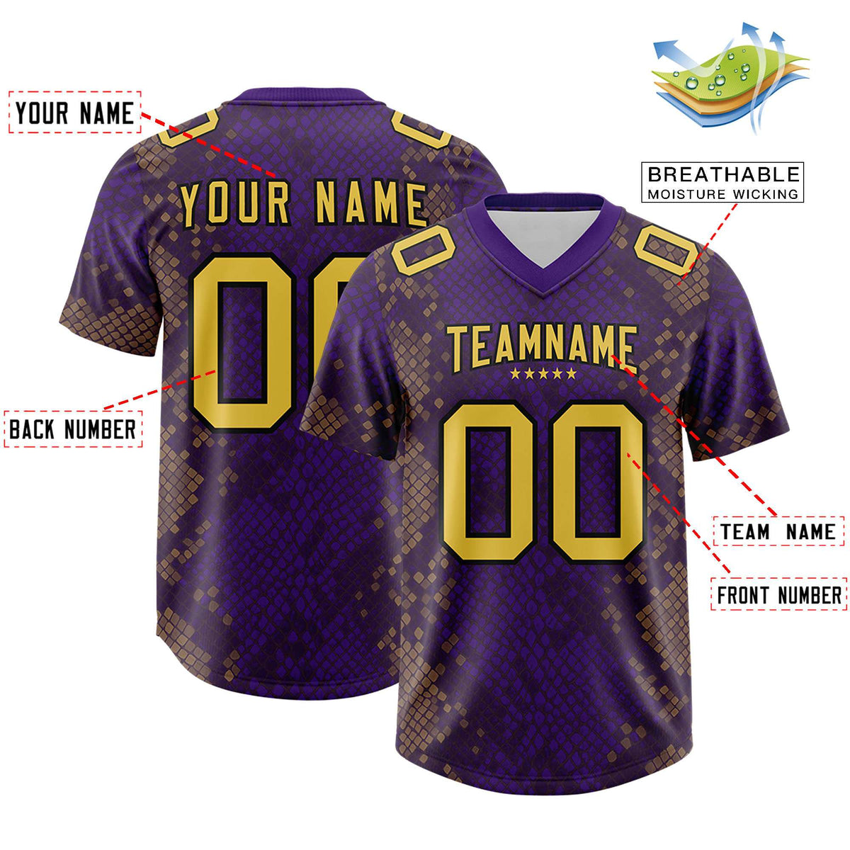 Custom Purple Personalized Snakeskin Graffiti Pattern Authentic American Football Jersey