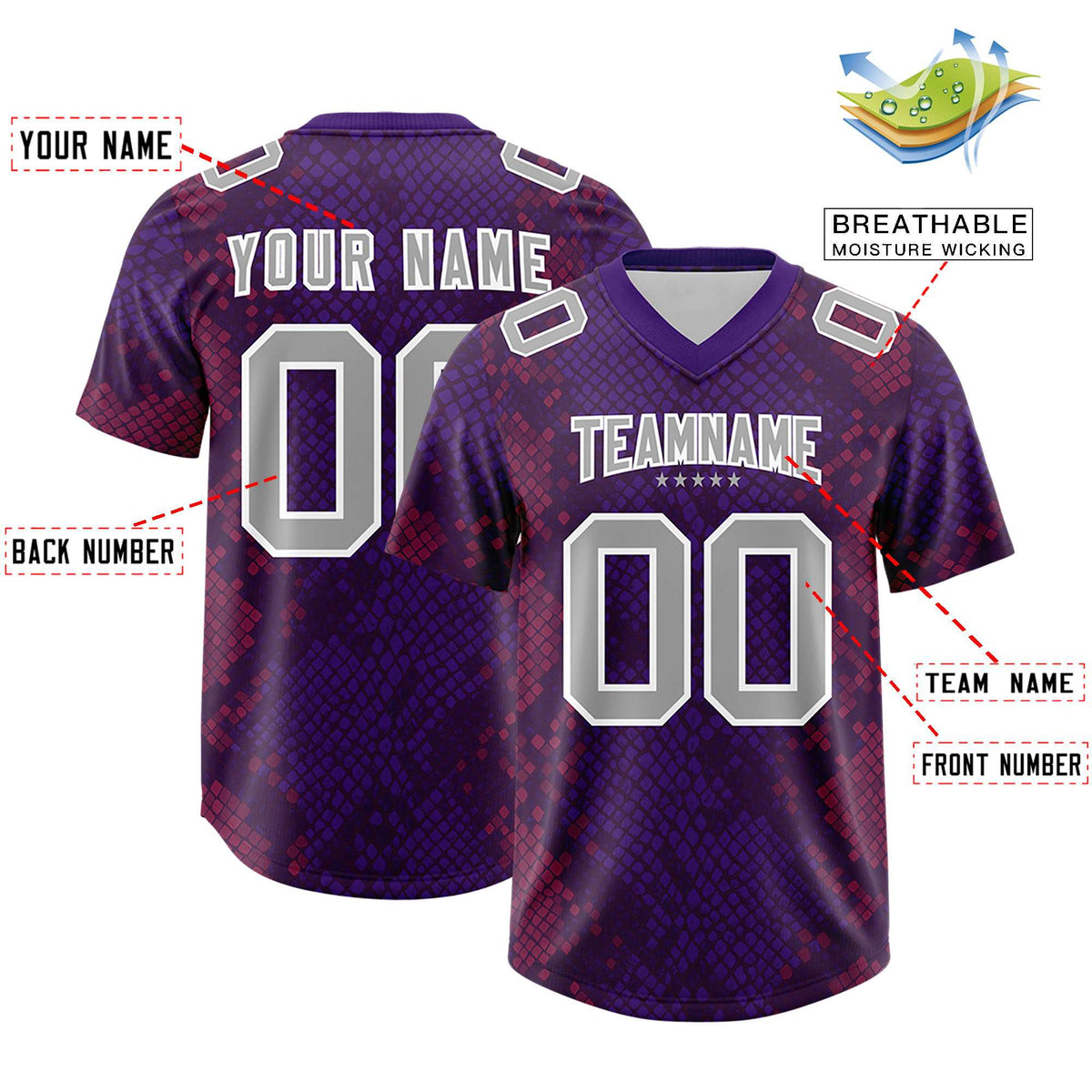 Custom Purple Personalized Snakeskin Graffiti Pattern Authentic American Football Jersey