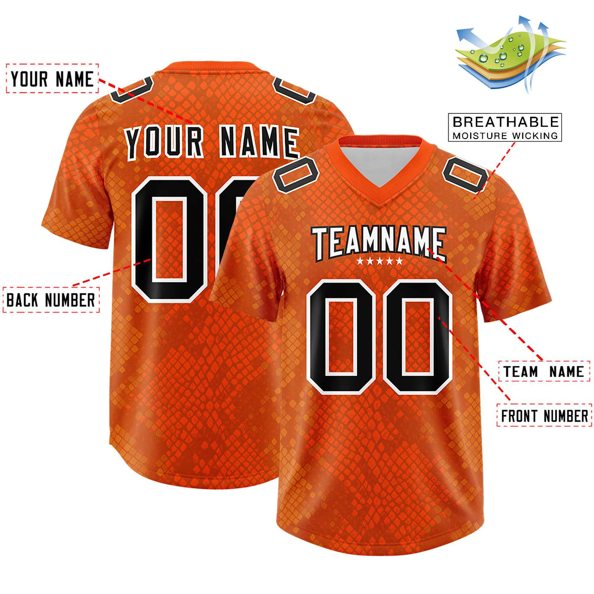 Custom Orange Personalized Snakeskin Graffiti Pattern Authentic American Football Jersey