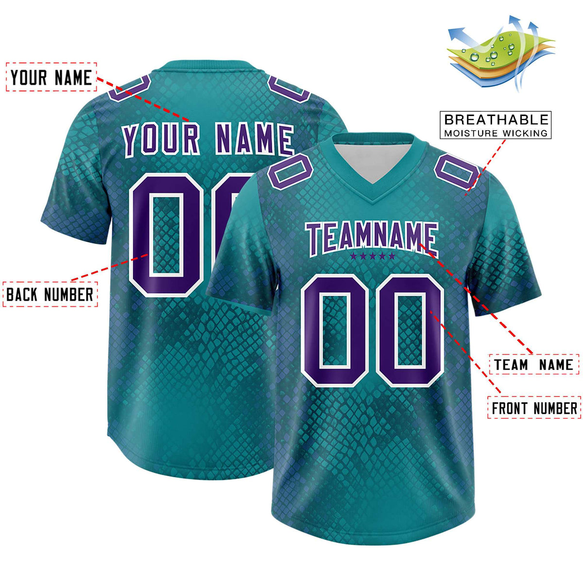 Custom Aqua Personalized Snakeskin Graffiti Pattern Authentic American Football Jersey